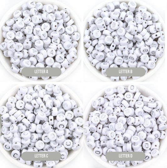 SILVER Letter A-Z Alphabet Individual Beads, White with Silver Letters (7MM)