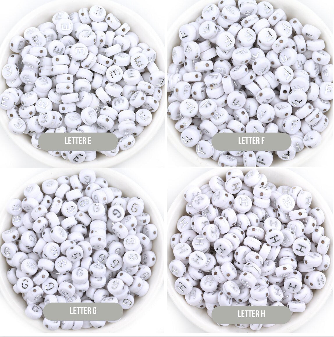 SILVER Letter A-Z Alphabet Individual Beads, White with Silver Letters (7MM)