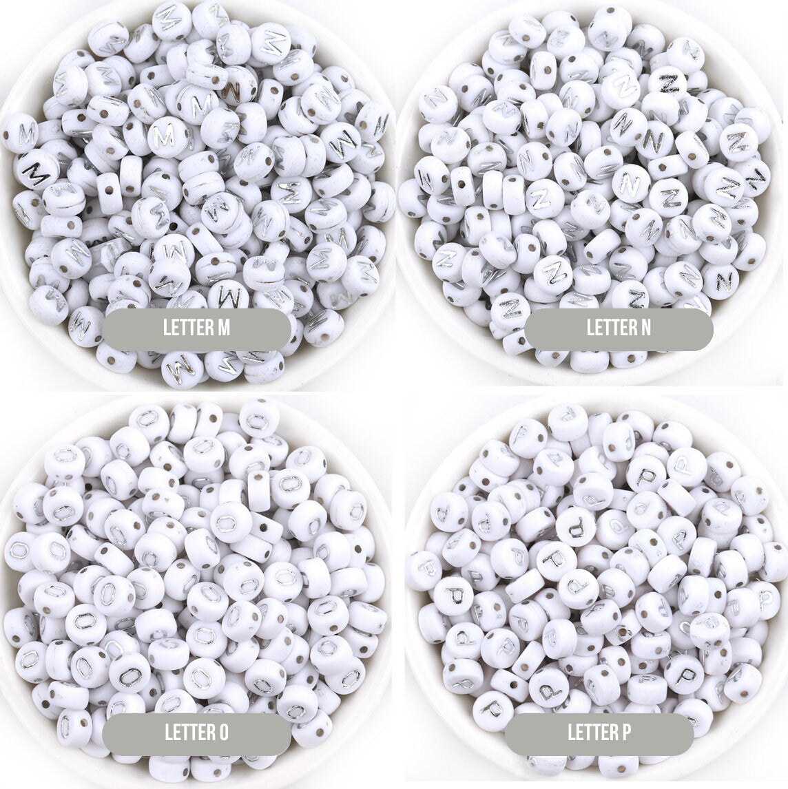 SILVER Letter A-Z Alphabet Individual Beads, White with Silver Letters (7MM)