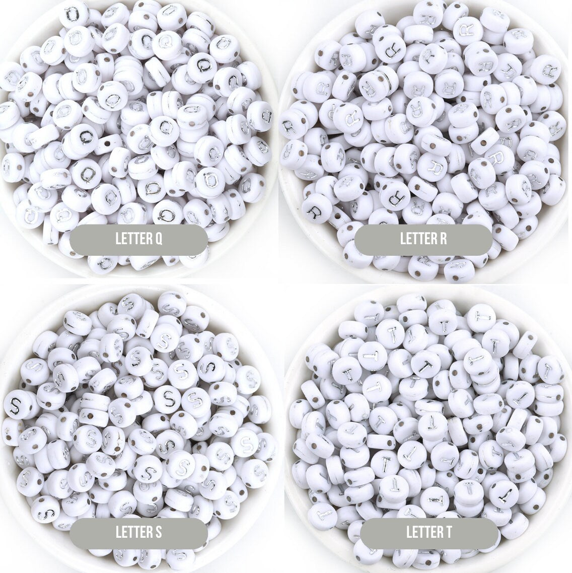 SILVER Letter A-Z Alphabet Individual Beads, White with Silver Letters (7MM)
