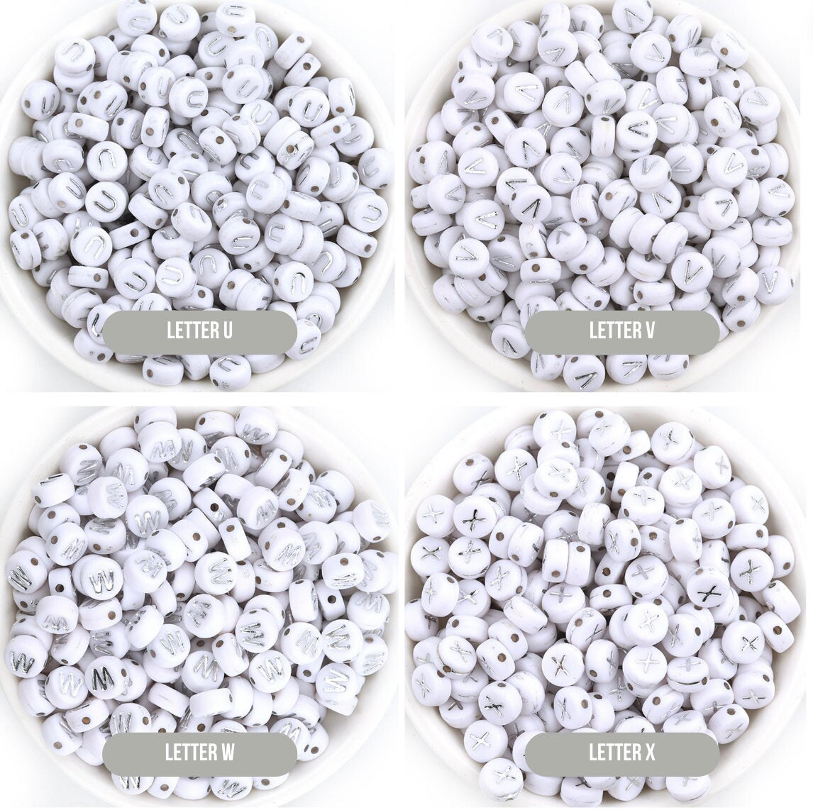 SILVER Letter A-Z Alphabet Individual Beads, White with Silver Letters (7MM)