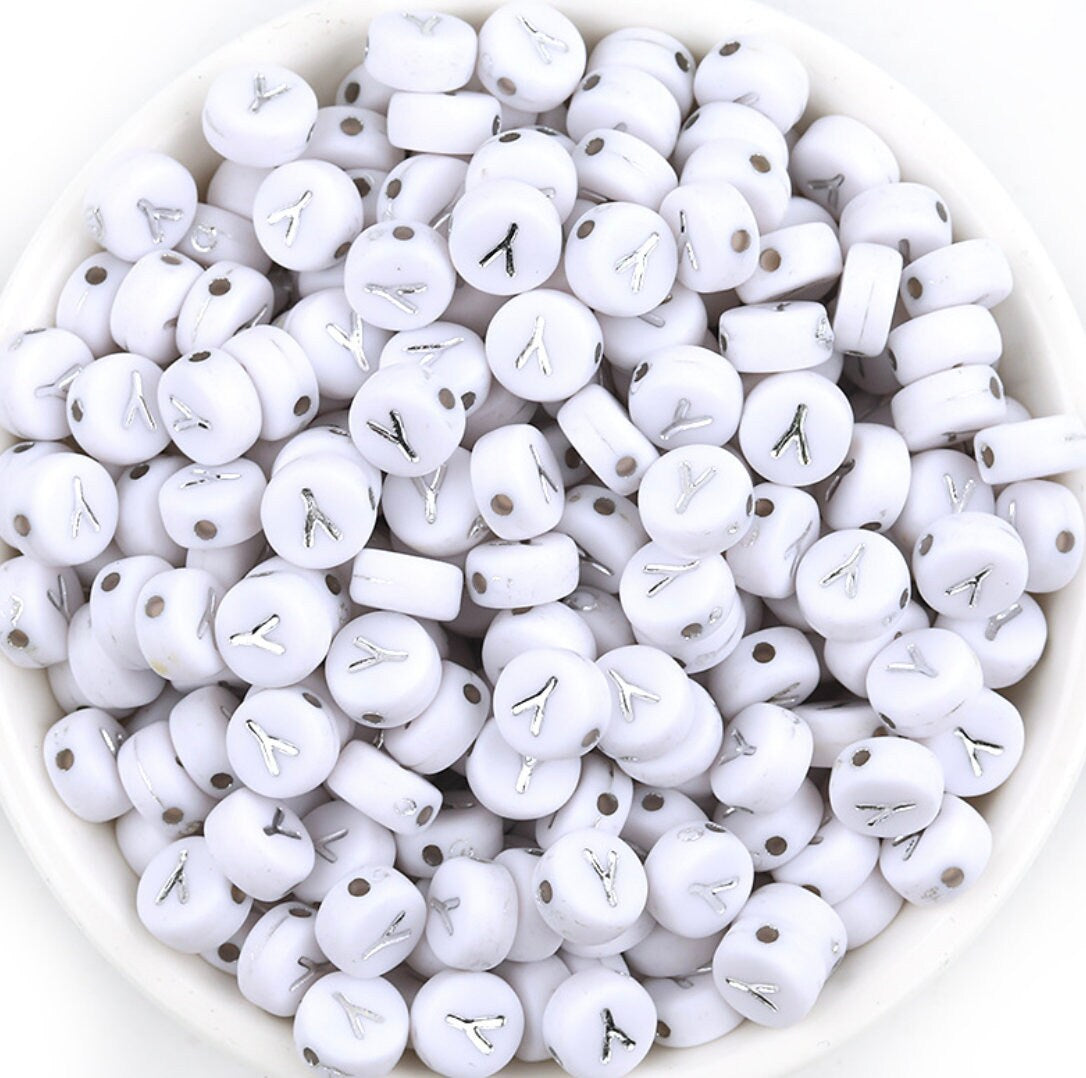 SILVER Letter A-Z Alphabet Individual Beads, White with Silver Letters (7MM)