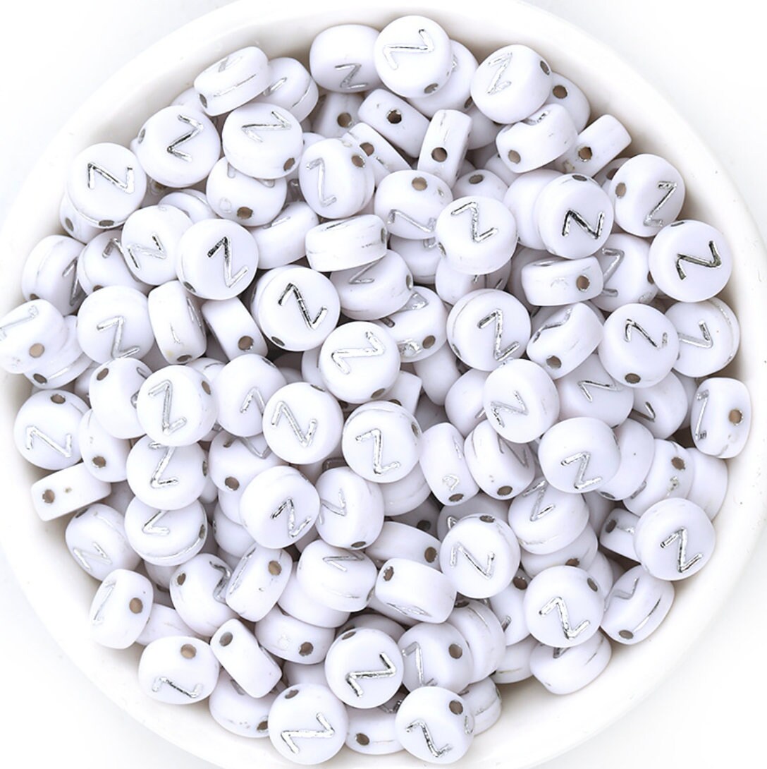 SILVER Letter A-Z Alphabet Individual Beads, White with Silver Letters (7MM)