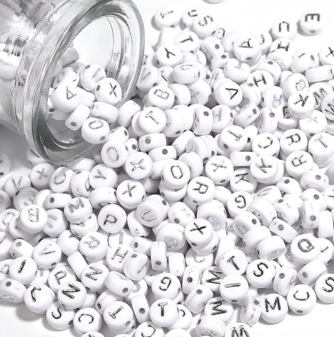 SILVER Letter A-Z Alphabet Individual Beads, White with Silver Letters (7MM)