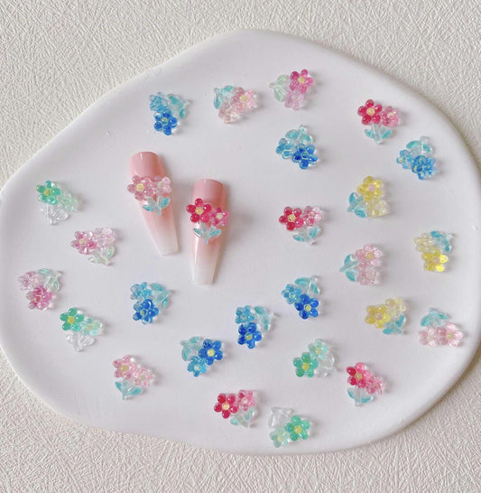 11MM X 11MM Mixed Color Double Flower Themed 3D Nail Art Charms, Mini Cabochon