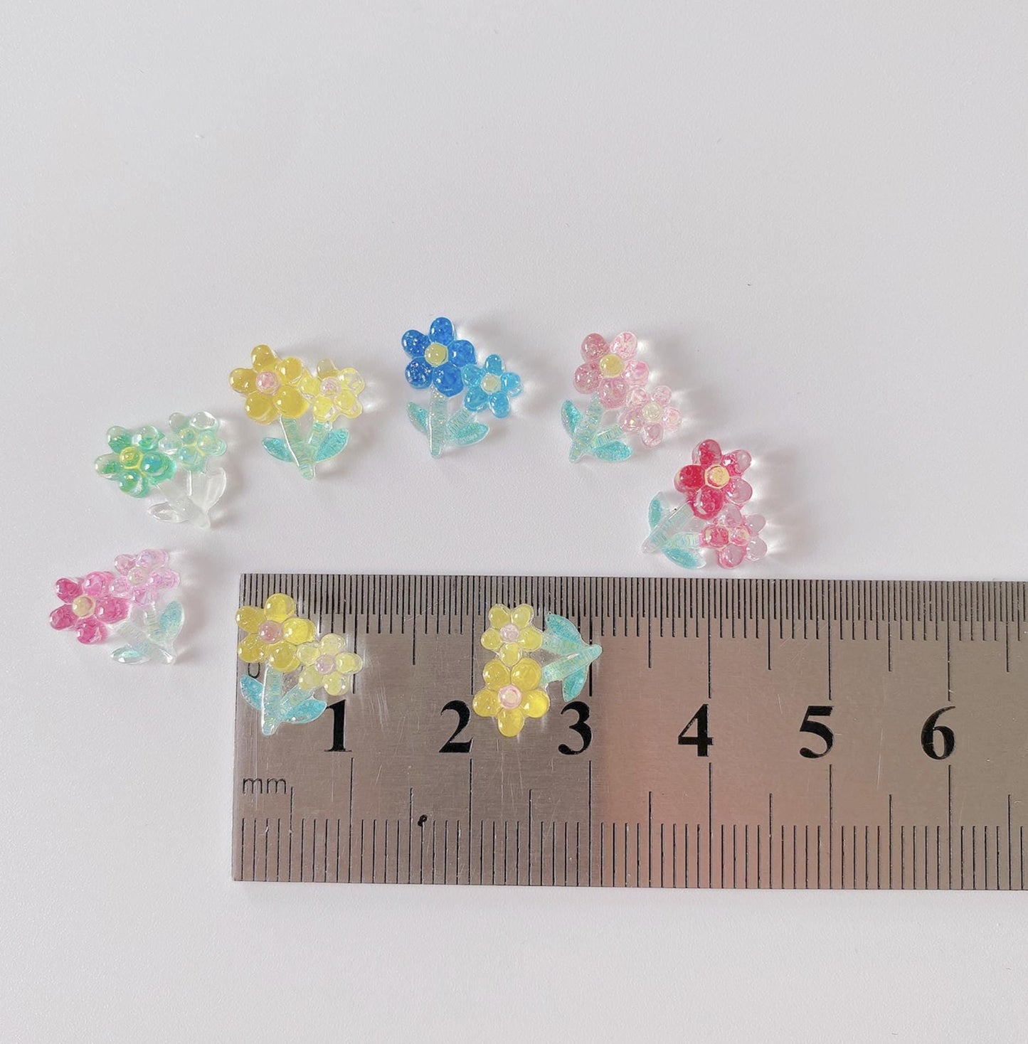 11MM X 11MM Mixed Color Double Flower Themed 3D Nail Art Charms, Mini Cabochon