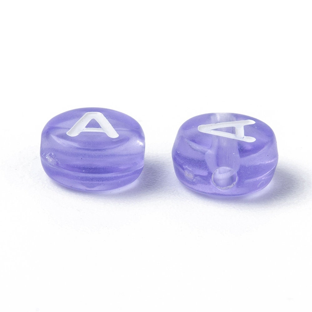 7MM Transparent Lilac Purple Acrylic Flat Round White Letter beads (200/400)