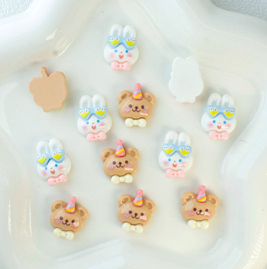 Birthday Party Bear, Bunny, and Star Themed Cartoon Character Flatback Cabochons