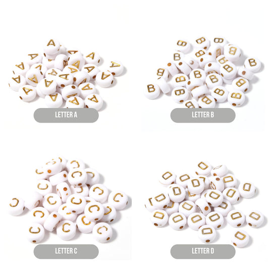 A-Z Alphabet Individual Beads, Gold Letter White Bead (7MM)