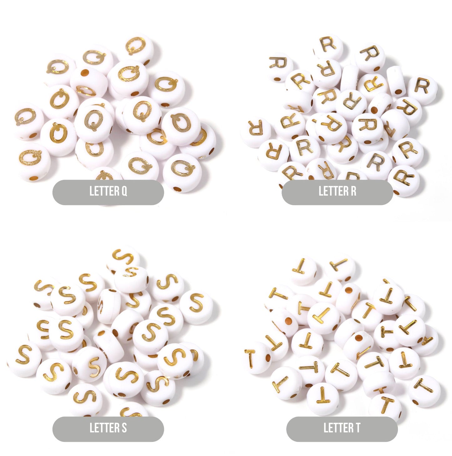 GOLD Letter A-Z Alphabet Individual Beads, White beads with Gold Letters (7MM)