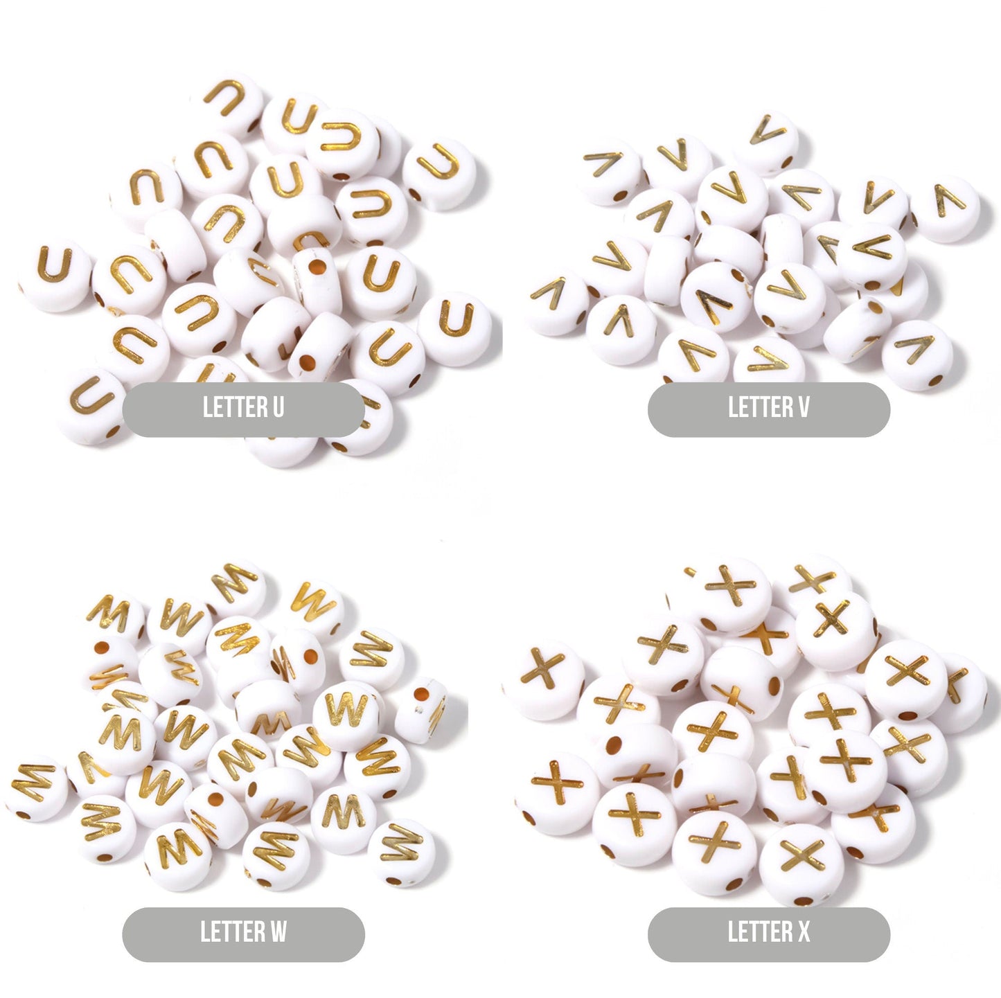 GOLD Letter A-Z Alphabet Individual Beads, White beads with Gold Letters (7MM)