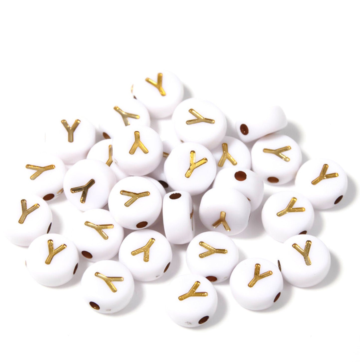 GOLD Letter A-Z Alphabet Individual Beads, White beads with Gold Letters (7MM)