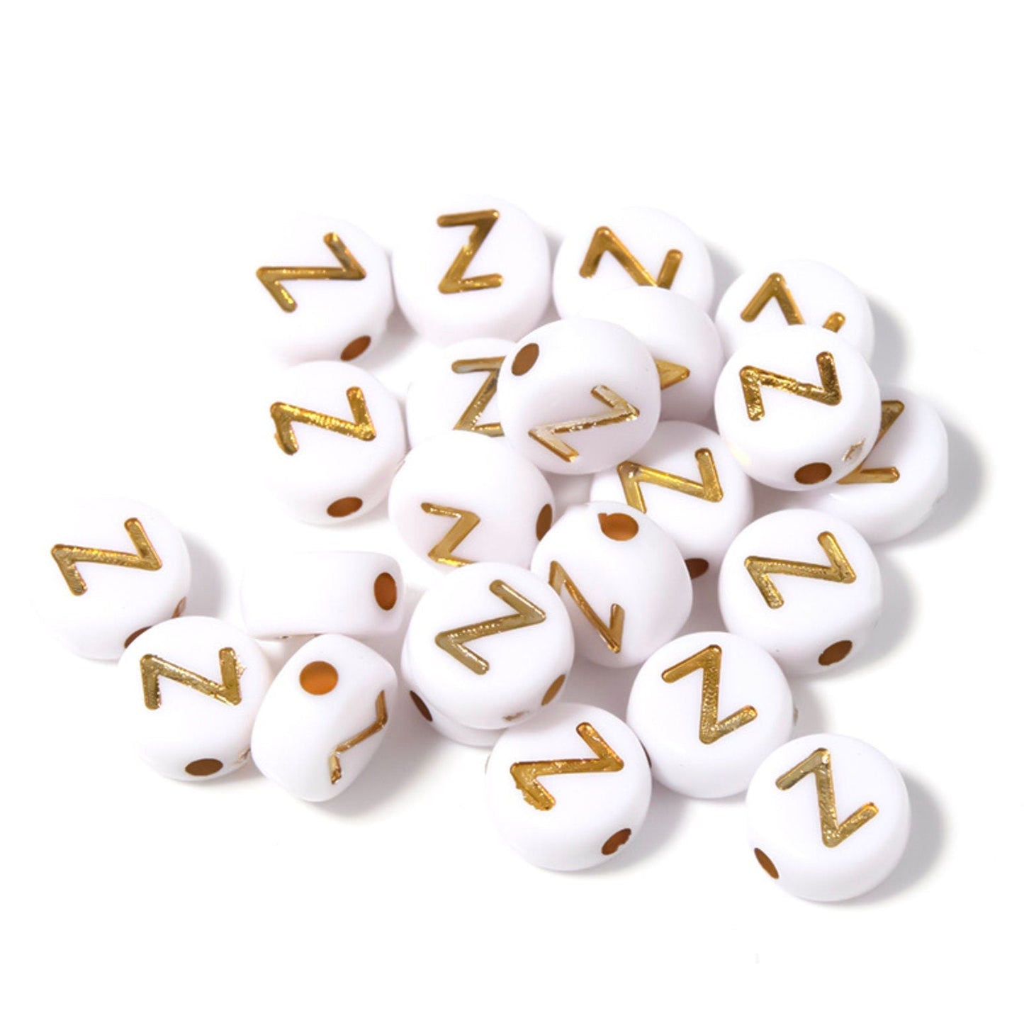 GOLD Letter A-Z Alphabet Individual Beads, White beads with Gold Letters (7MM)