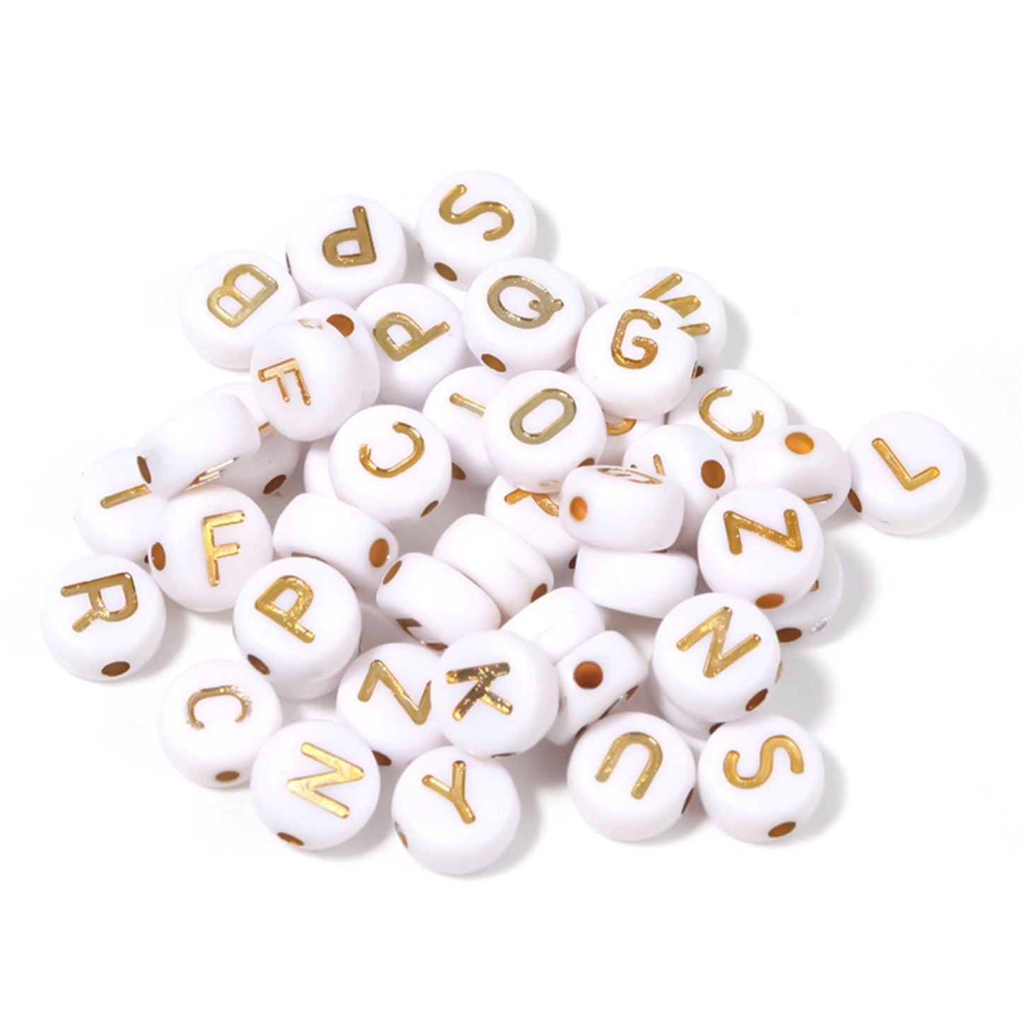 A-Z Alphabet Individual Beads, Gold Letter White Bead (7MM)