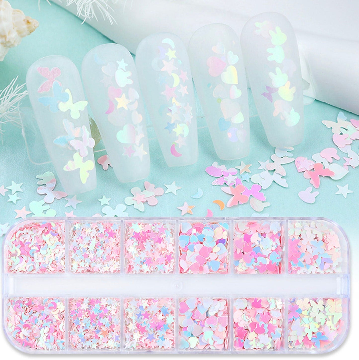 Iridescent Pastel Mixed Shapes, Glitter Flake Set for Nail Art, DIY