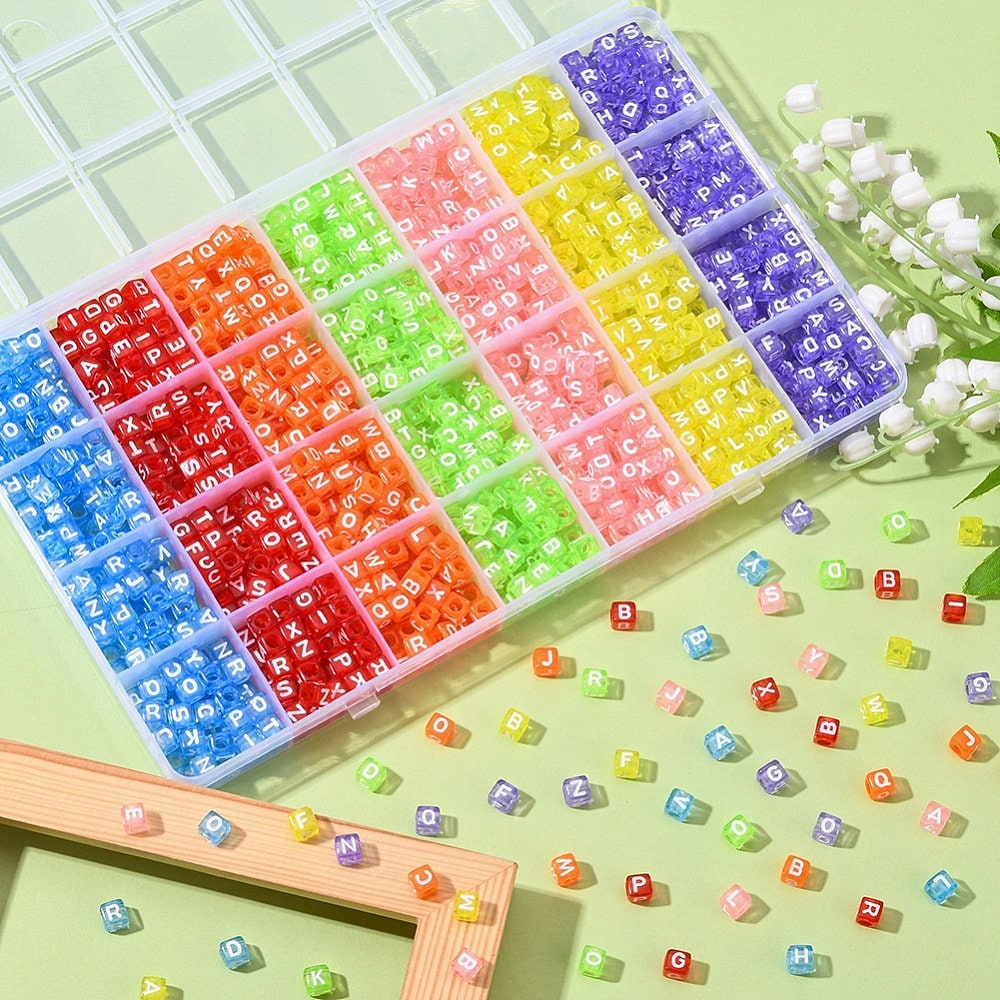 6MM Mixed Cube Letter Beads, Rainbow Set