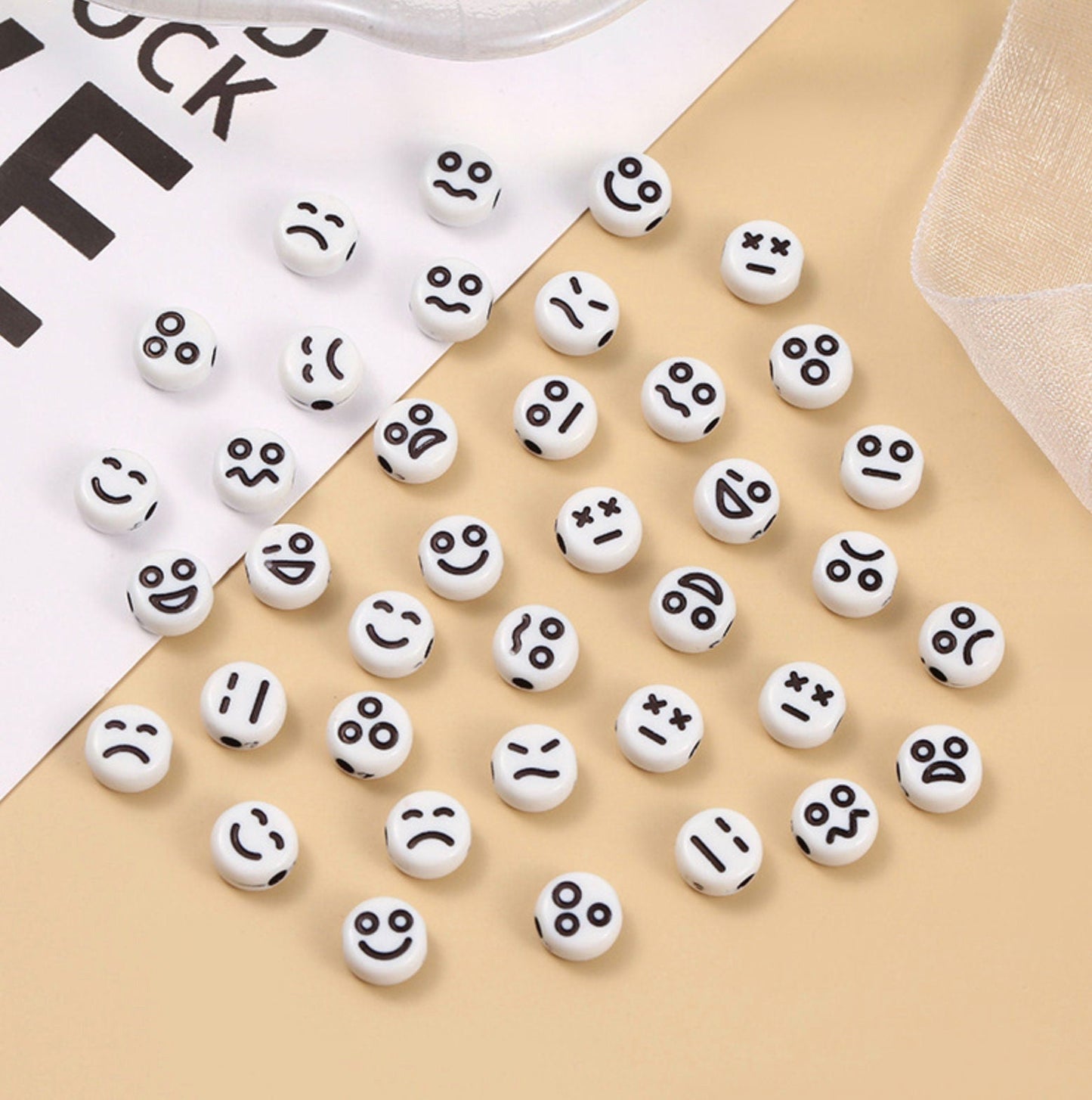 7MM White Flat Round Acrylic with Black Facial Expressions Beads