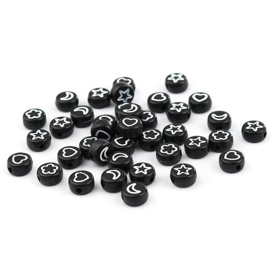 7MM Black Flat Round Acrylic with White Flower, Star, Moon, and Heart Beads