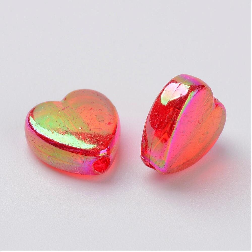 8MM AB Red Transparent Acrylic Heart Spacer Beads with Vertical Hole