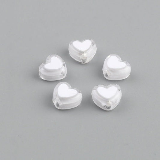 8MM White Acrylic Heart with White Middle Spacer Beads with Vertical Hole