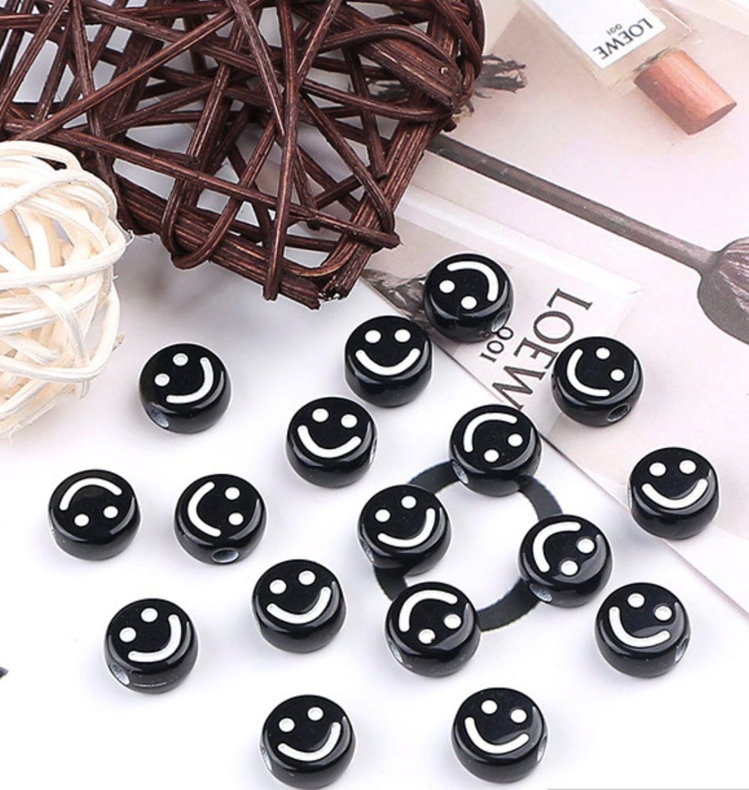 7MM Black Flat Round Acrylic with White Smiley Face Beads