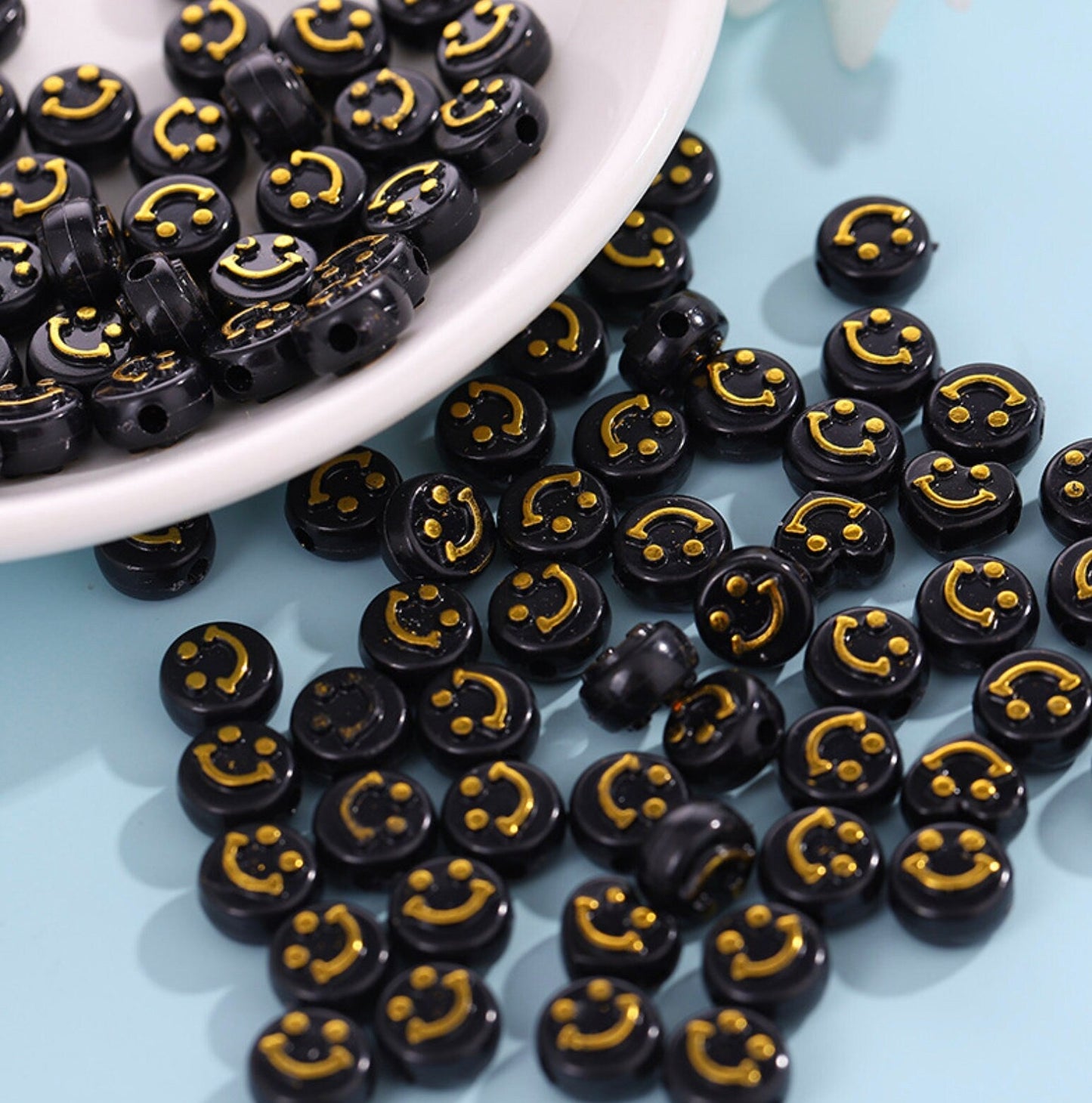 Black/White With Gold Smiley Face Beads (6mm x 10mm)