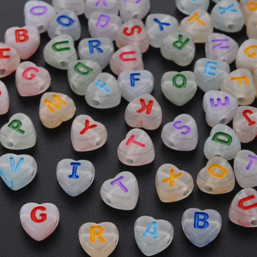 Glow-in-the-Dark Mixed Color A-Z Alphabet Individual Acrylic Heart Beads