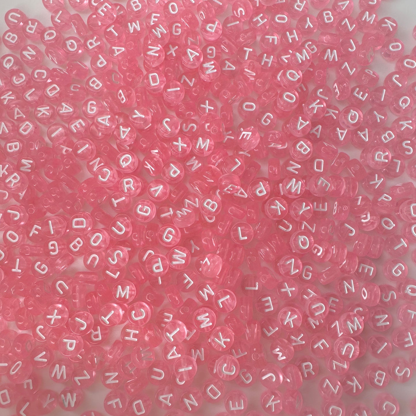 Translucent Light Pink, White Letter, A-Z Alphabet Acrylic Flat Round Bead (7MM)