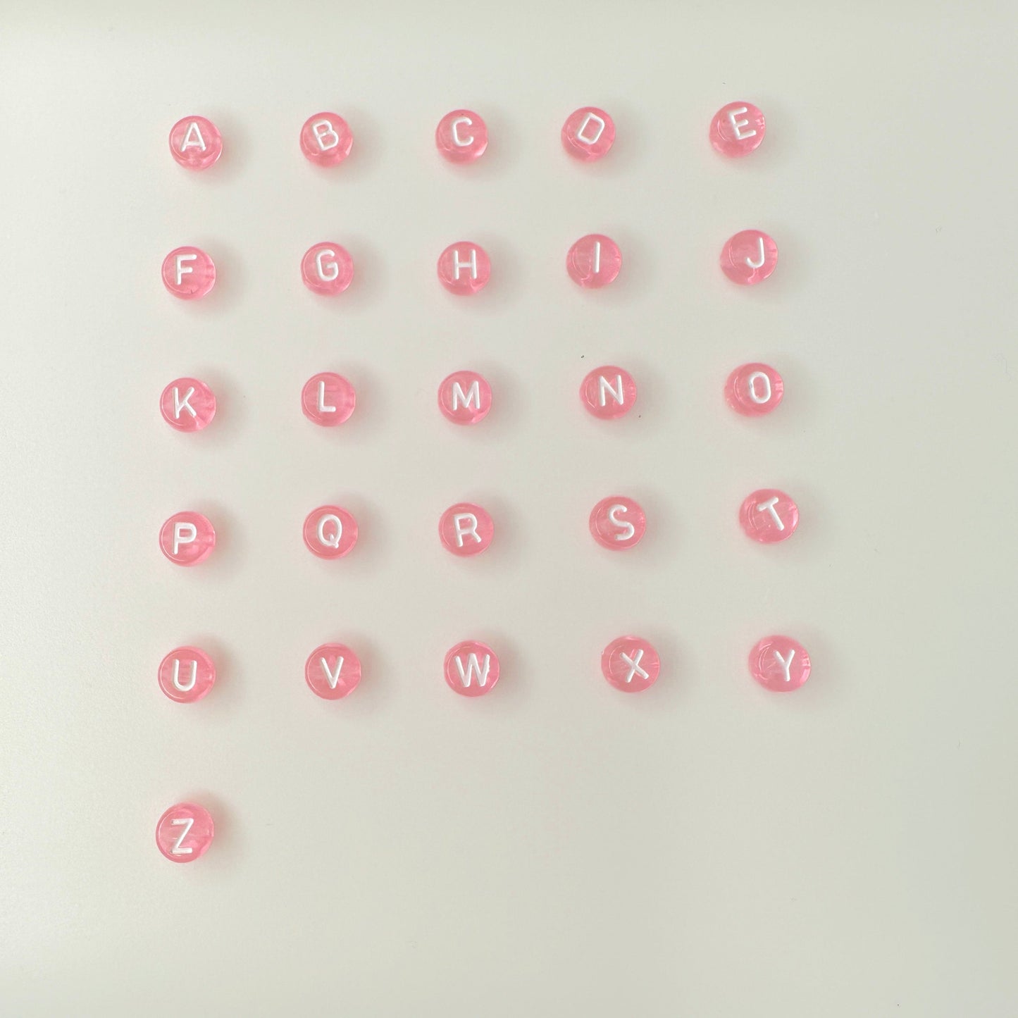 Translucent Light Pink, White Letter, A-Z Alphabet Acrylic Flat Round Bead (7MM)