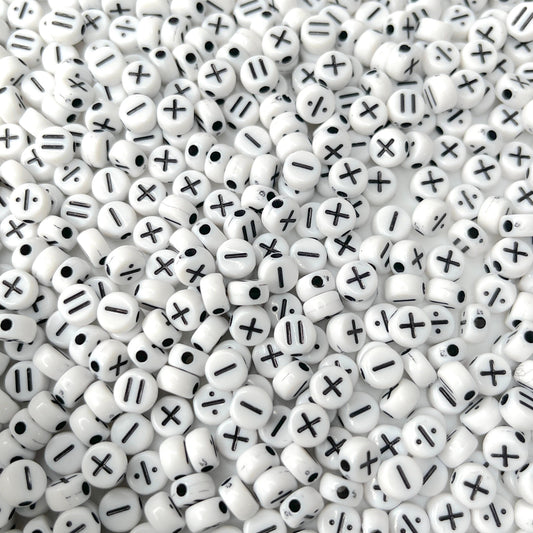 White Flat Round Acrylic Mathematical Sign Symbol Beads (4mm x 7mm)