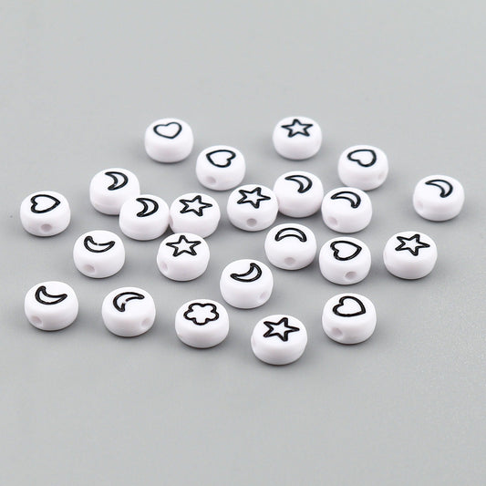 White Flat Round Acrylic with Black Flower, Star, Moon, Heart Beads (4MM x 7MM)