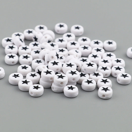 7MM White Flat Round Acrylic with Black Star Beads