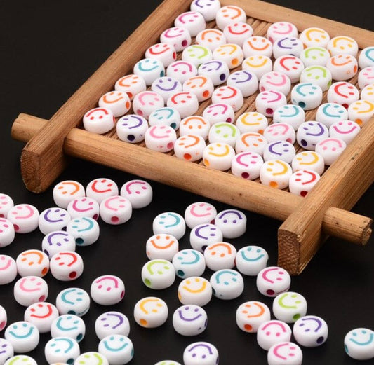 White Flat Round Acrylic with Colorful Smiley Face Beads (4mm x 7mm)