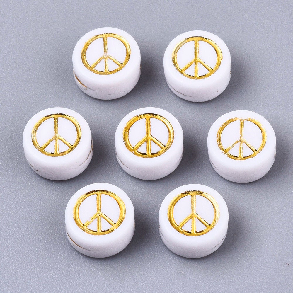 White Flat Round Acrylic with Gold Peace Sign Beads (7mm x 4mm)