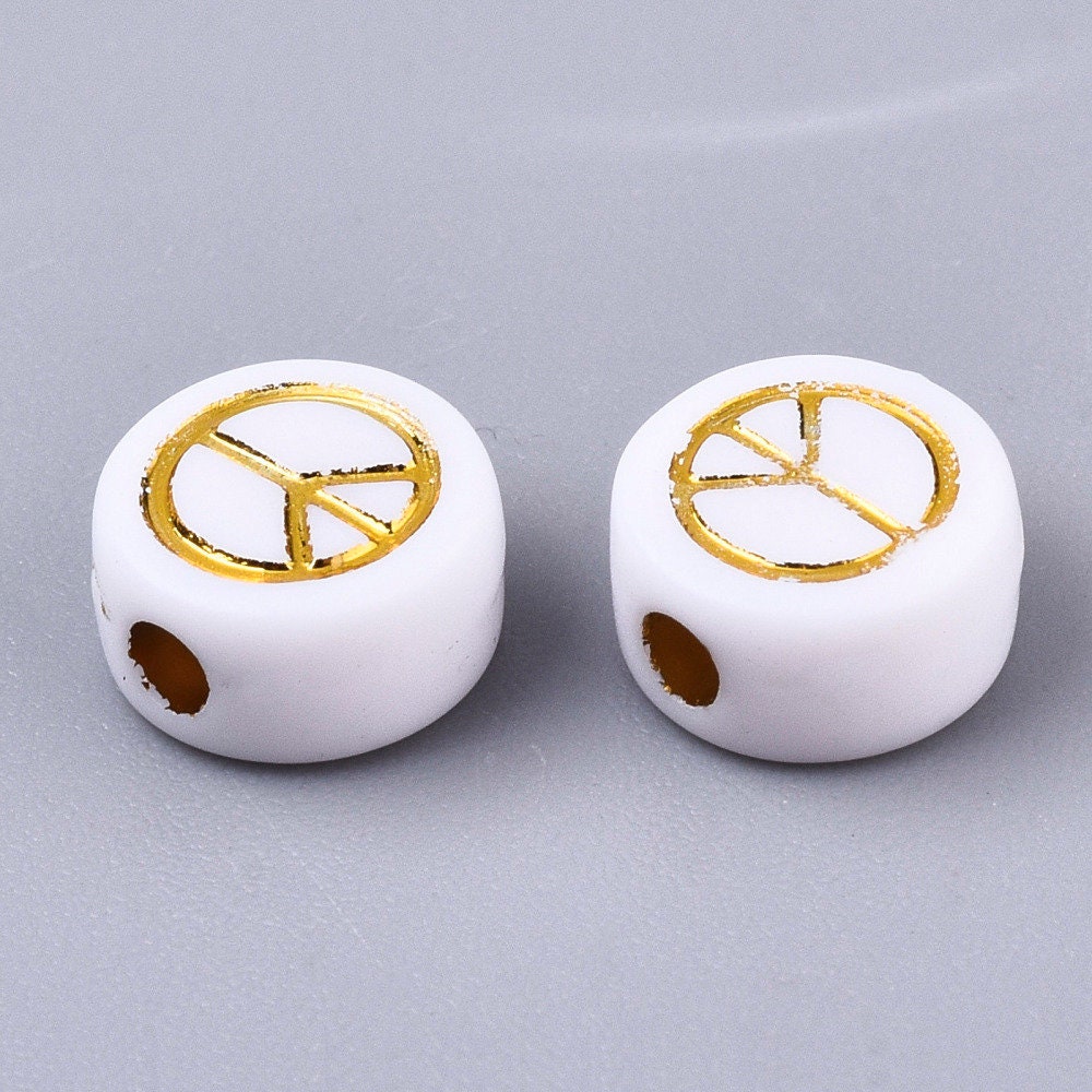 White Flat Round Acrylic with Gold Peace Sign Beads (7mm x 4mm)