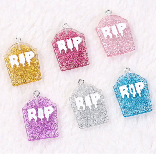 Cute Glitter RIP Tombstone Resin Charm with Eye Pin (25mm x 20mm)