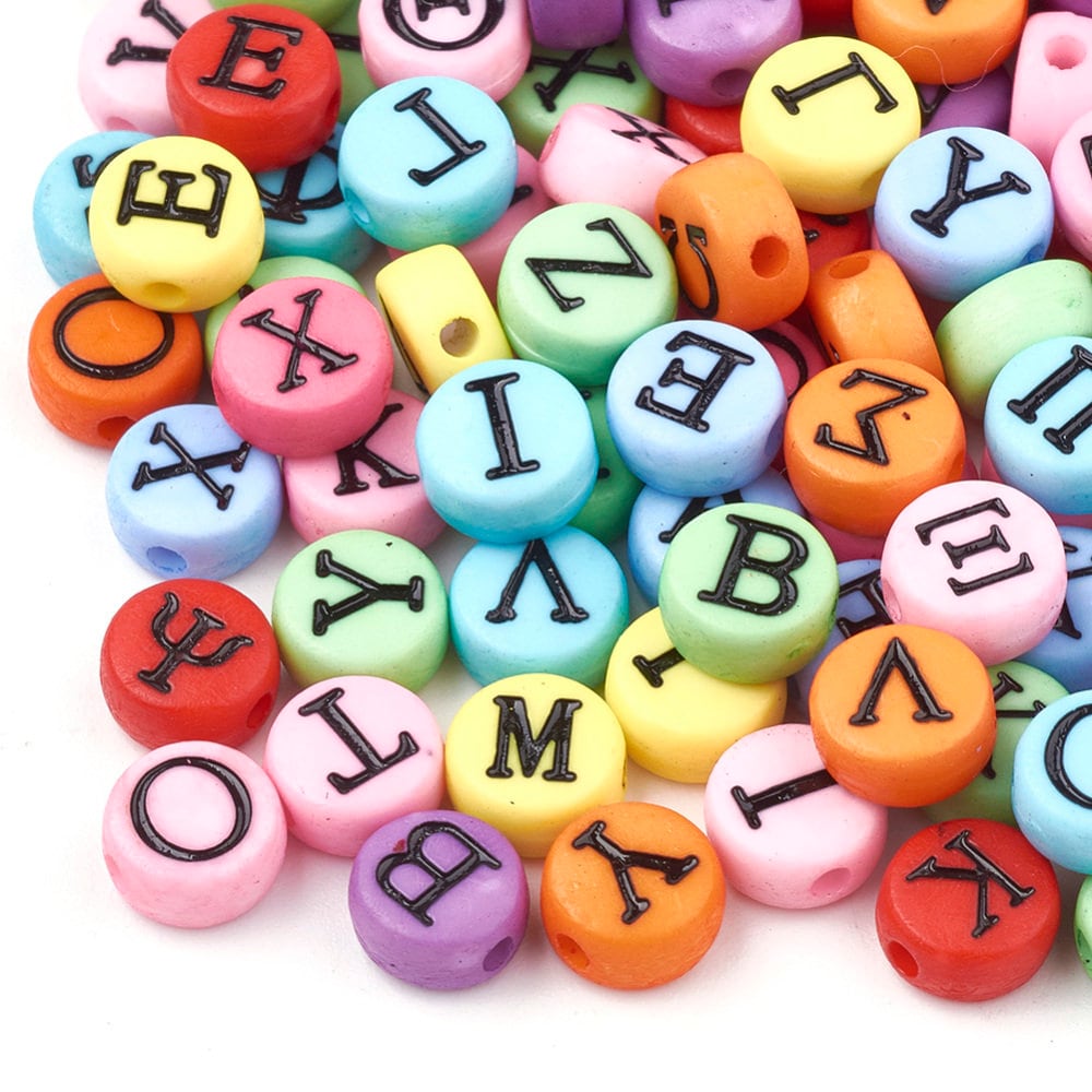 7MM Mixed Color Flat Round Bead Black Greek Letter Beads