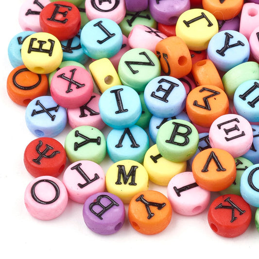 7MM Mixed Color Flat Round Bead Black Greek Letter Beads
