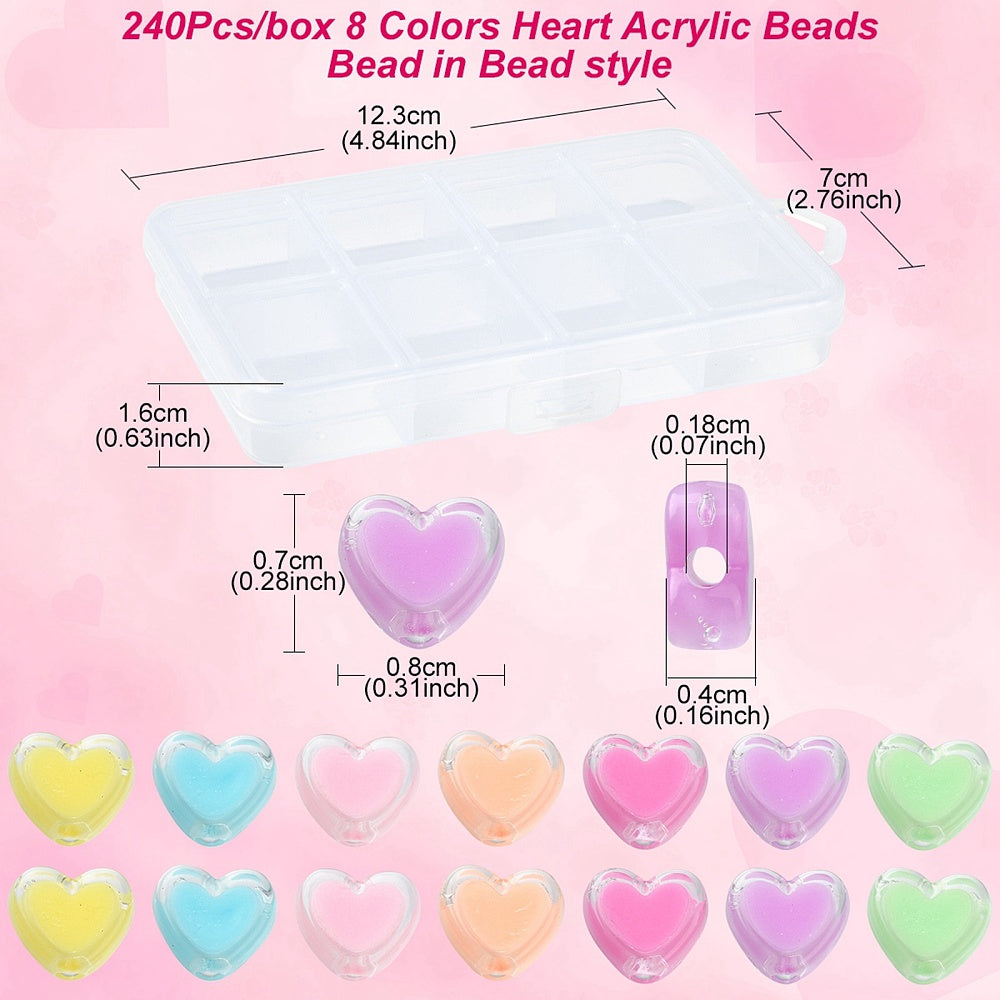 7MM x 8MM Pastel Colored Acrylic Heart Bead Set (240 Beads)