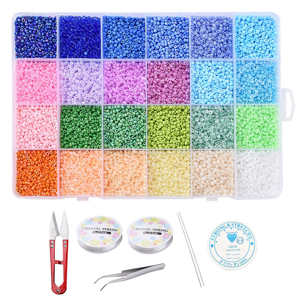 2MM Pastels Round Glass Seed Beads, Tweezer, Elastic Thread, Bracelet Making Kit