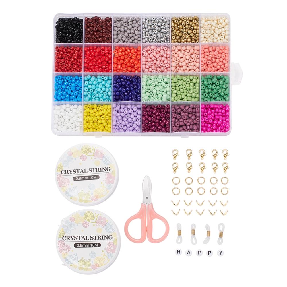 Opaque Solid Round Glass Seed Bead, Tweezer, Elastic Thread, Bracelet Making Kit