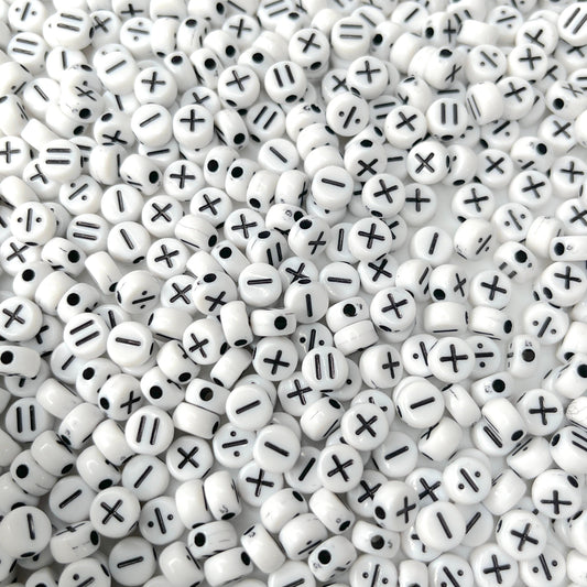 BULK 7MM White Flat Round Acrylic Mathematical Sign Symbol Beads