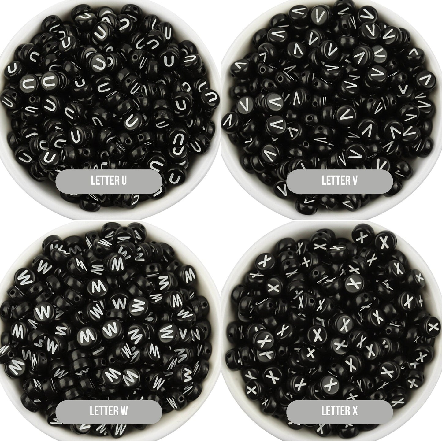 A-Z Alphabet Individual Beads, White Letter Black Bead (7MM)