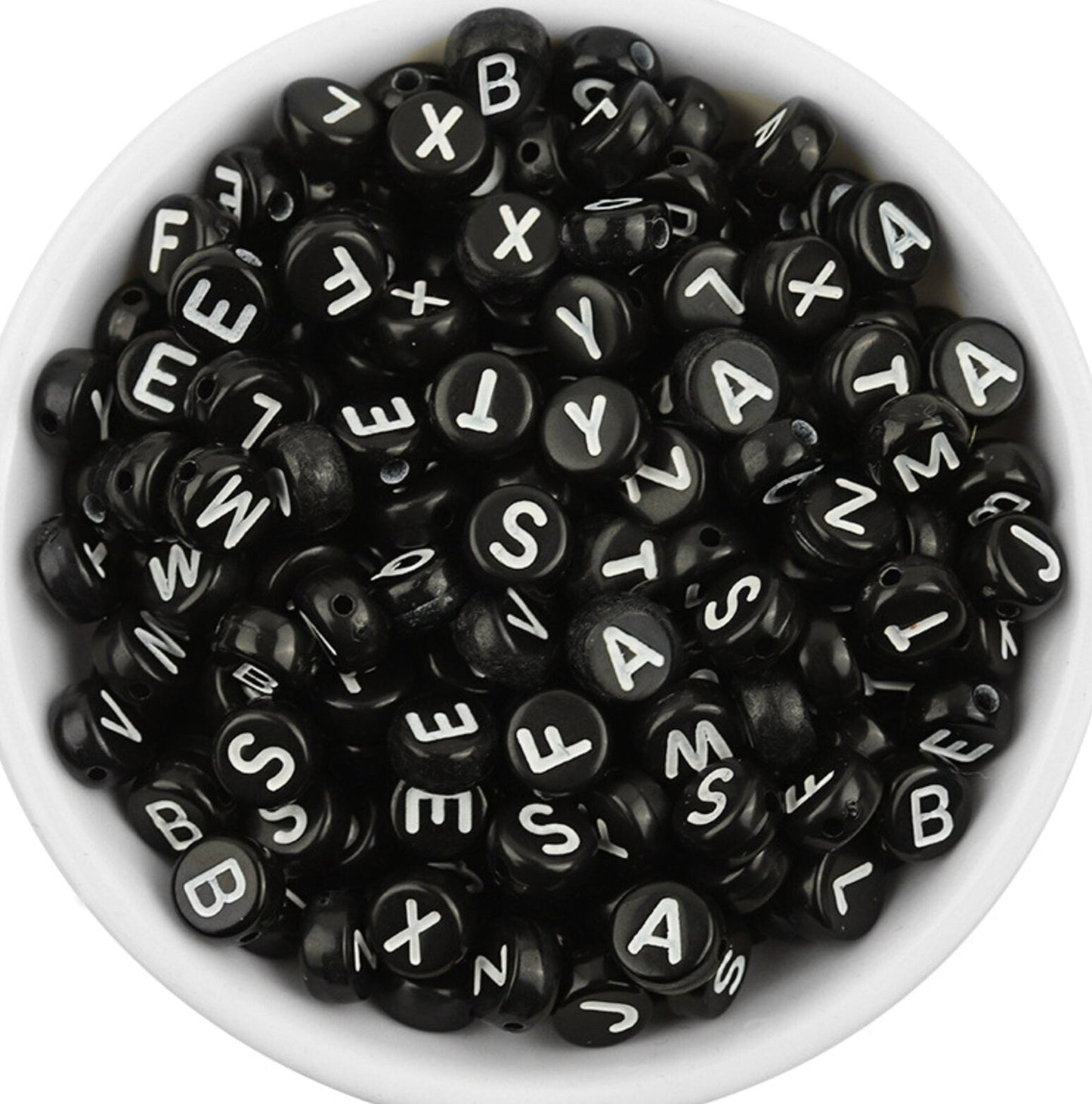 White Letter A-Z Alphabet Individual Beads, Black beads with White Letters (7MM)