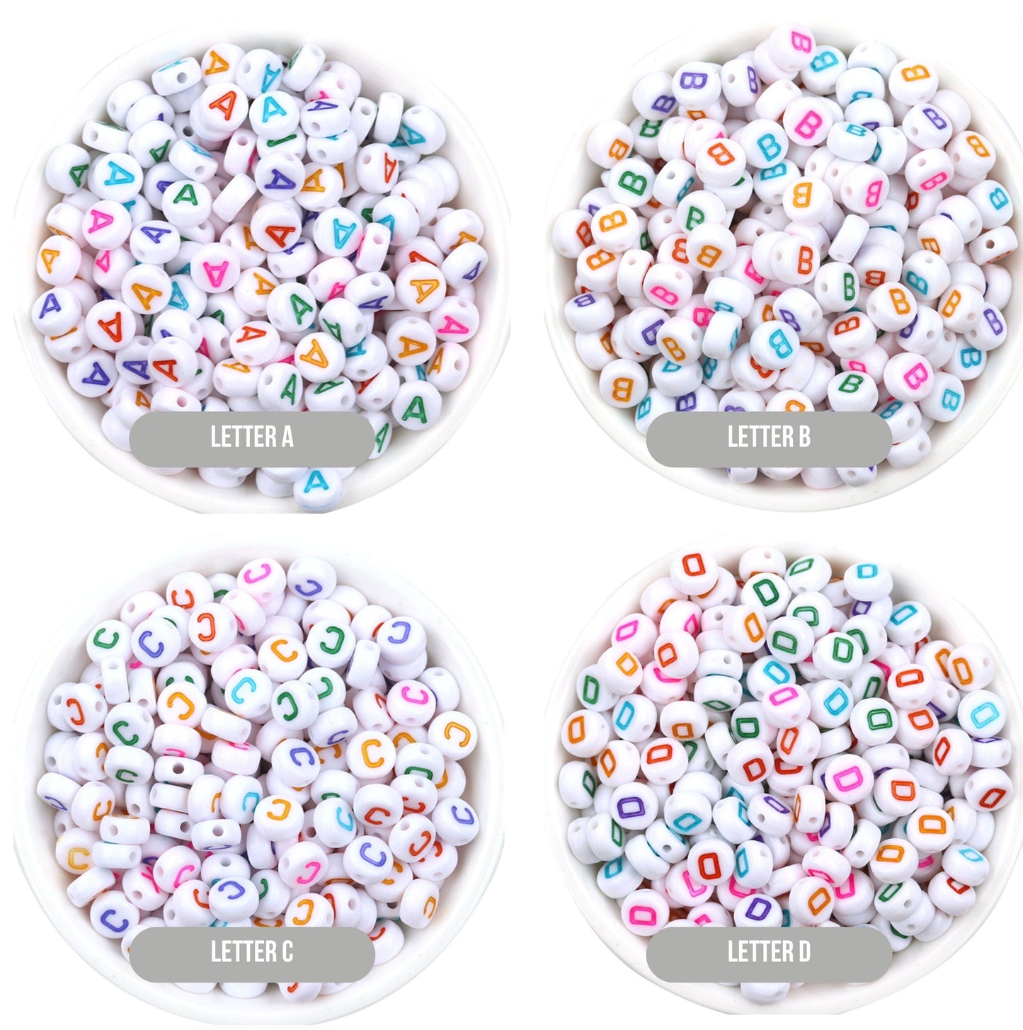 Letter A-Z Alphabet Beads, White beads with Multi Colored Letters (7MM)