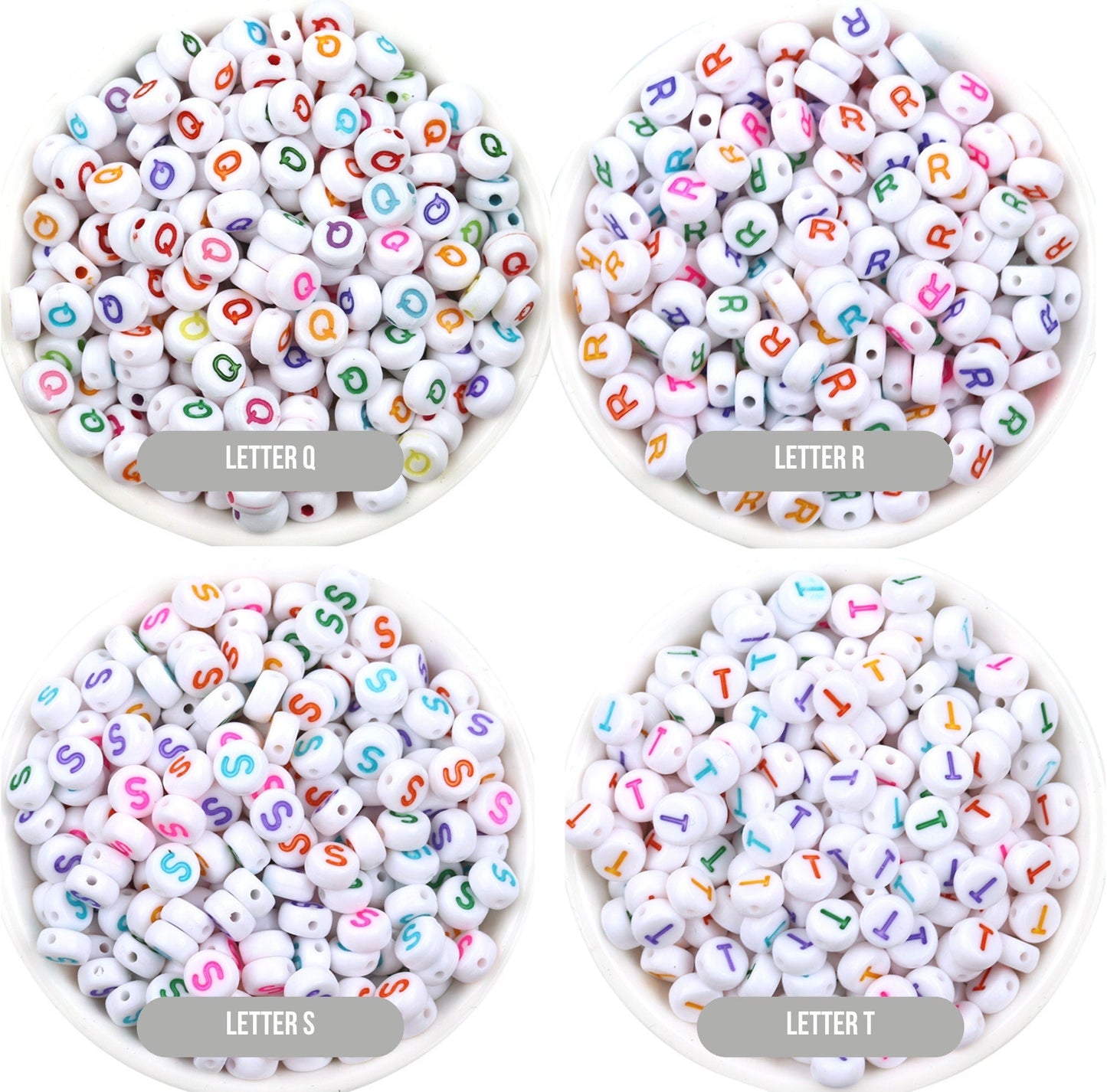 Letter A-Z Alphabet Beads, White beads with Multi Colored Letters (7MM)