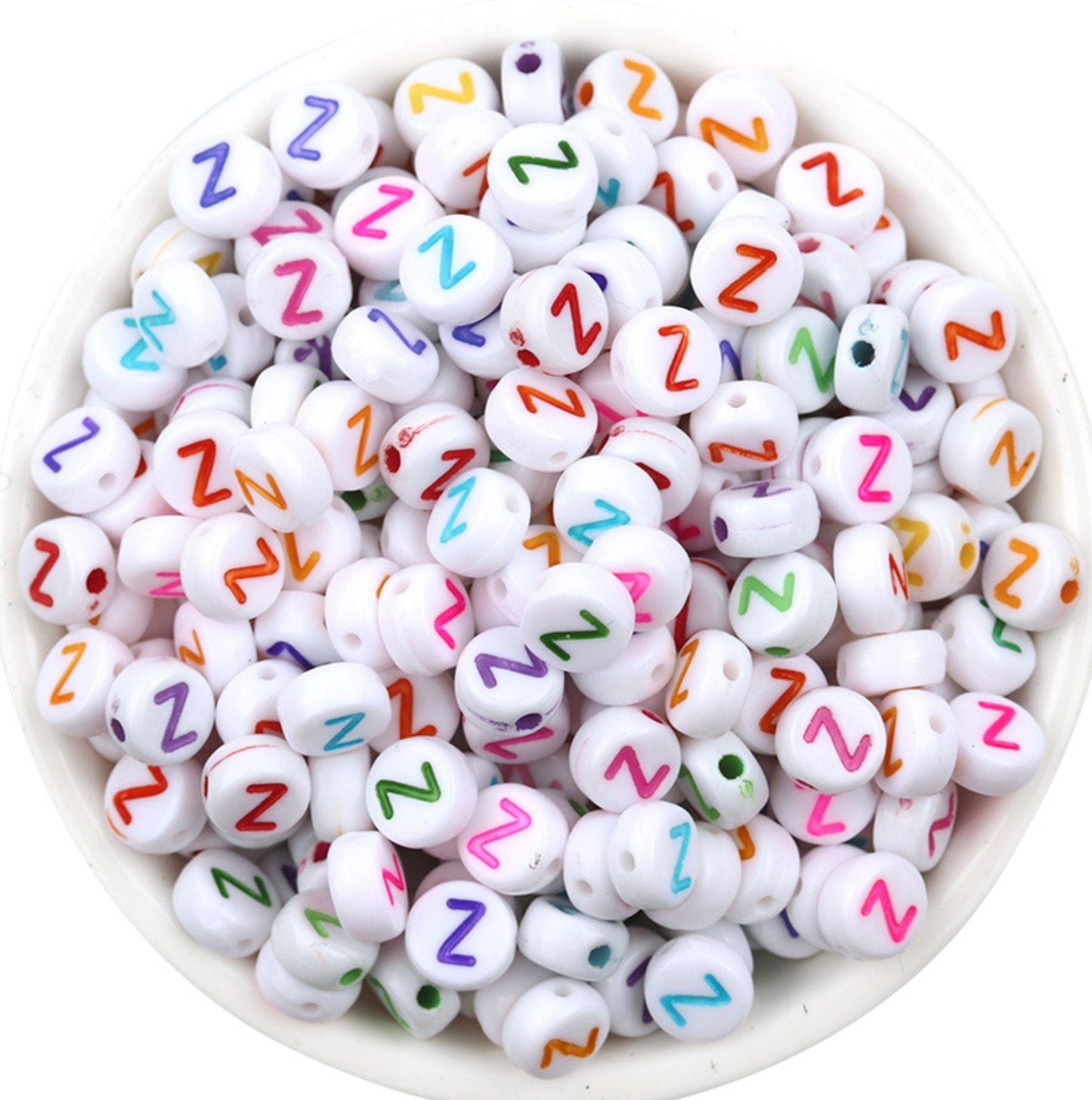 Letter A-Z Alphabet Beads, White beads with Multi Colored Letters (7MM)