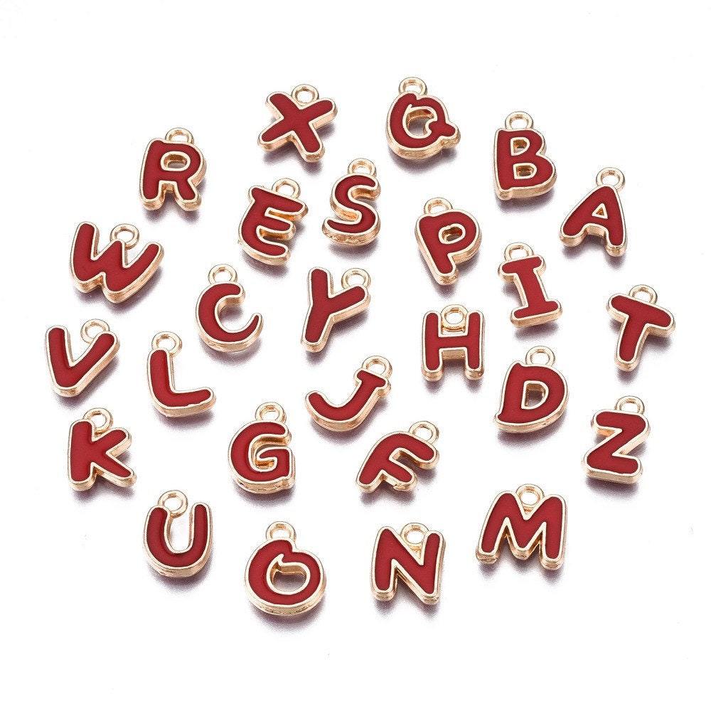 Red Metal Letter Charms Individual or Set (11mm x 6.5mm x 2mm, Hole: 1.5mm)