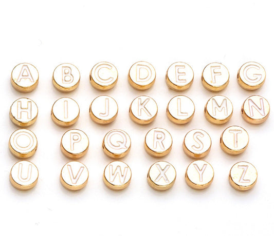 White Metal Round Individual Letters Beads (8mm x 3.5mm)