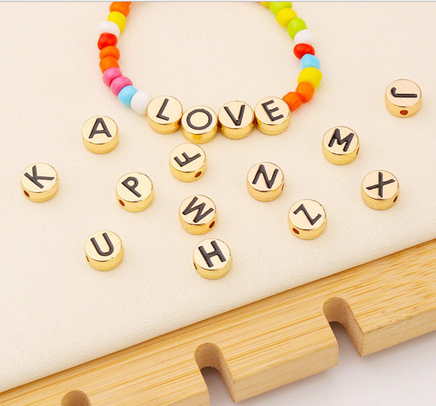 White Metal Round Individual Letters Beads (8mm x 3.5mm)